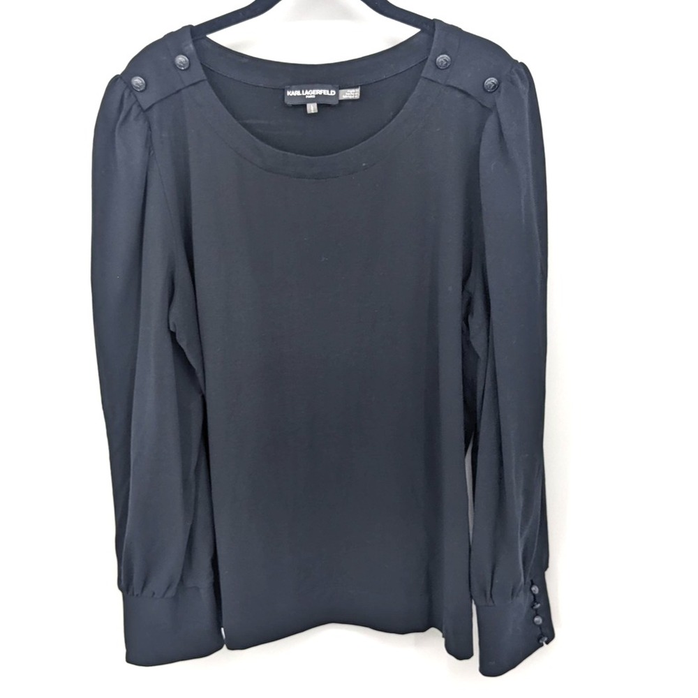 Karl Lagerfeld Shirt Womens Large Black Button Shoulder Cuff Long Sleeve Top